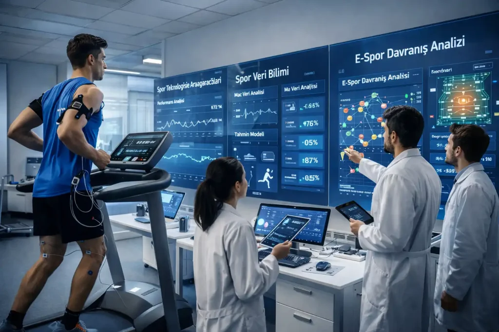 Kadir Has Üniversitesi’nde spor teknolojileri, performans ölçümü, veri bilimi ve e-spor davranış analizi üzerine yürütülen akademik araştırmaları gösteren modern laboratuvar sahnesi